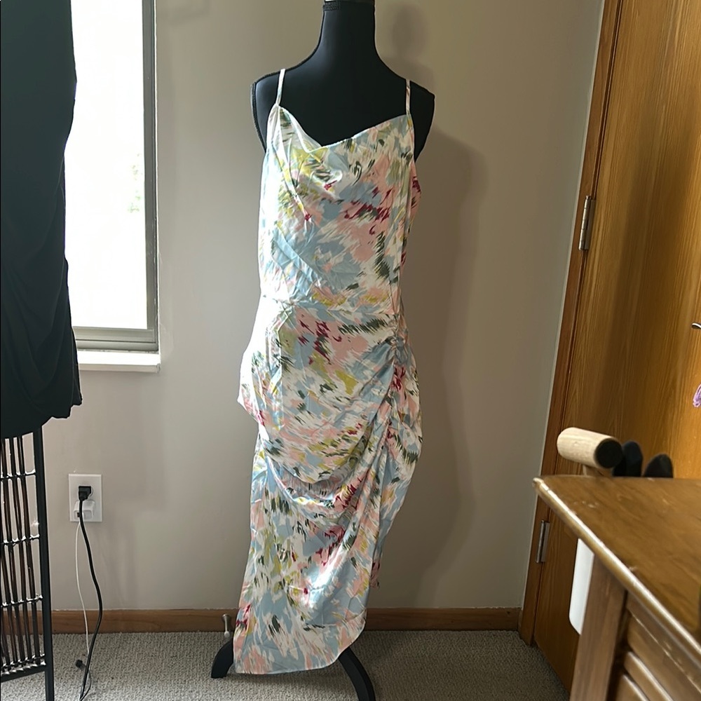 Cider Blue and Pink Asymmetrical Ruched Slip Dress